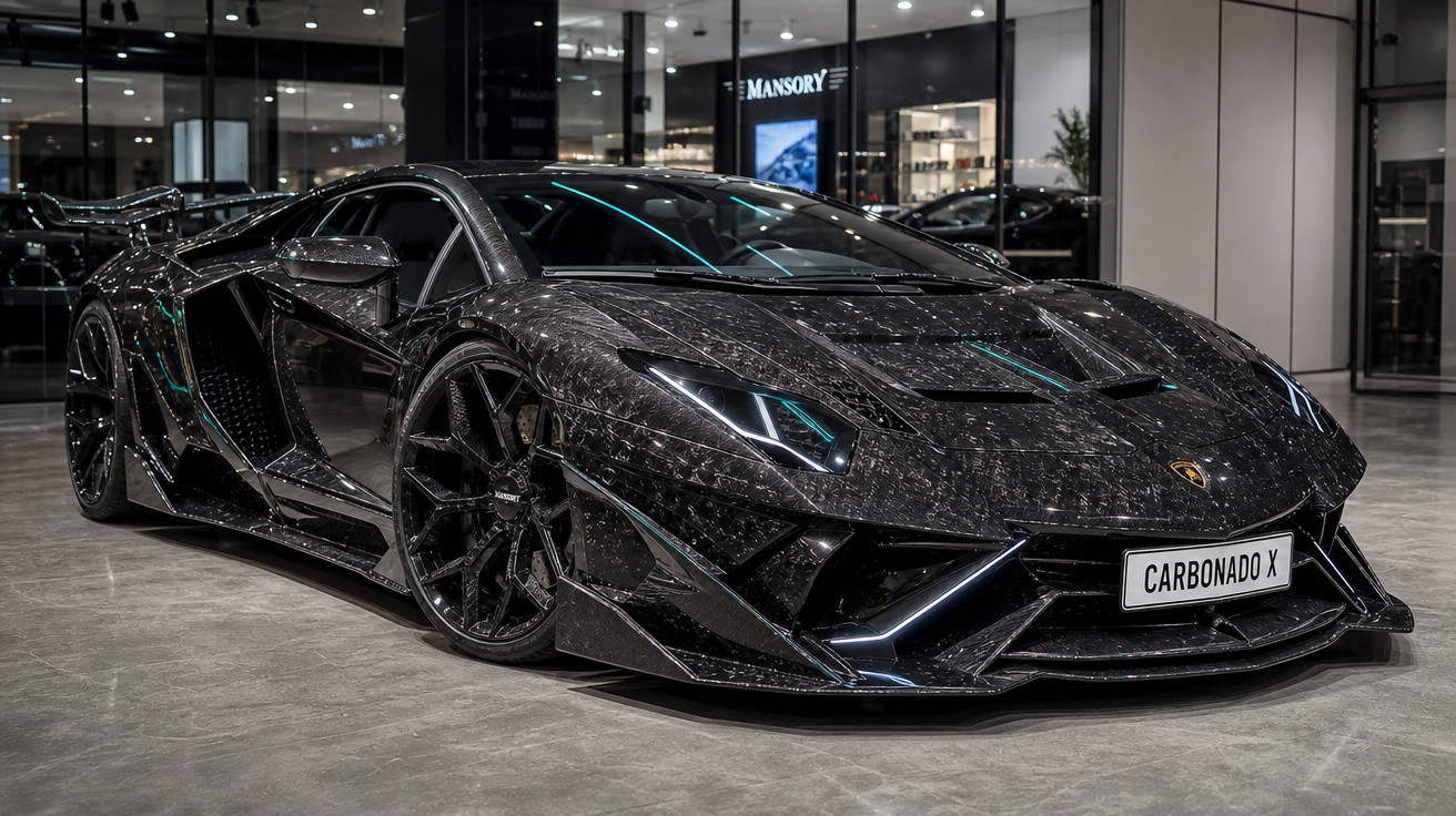 Carro desportivo Lamborghini preto com padrão de fibra de carbono exposto numa garagem moderna.