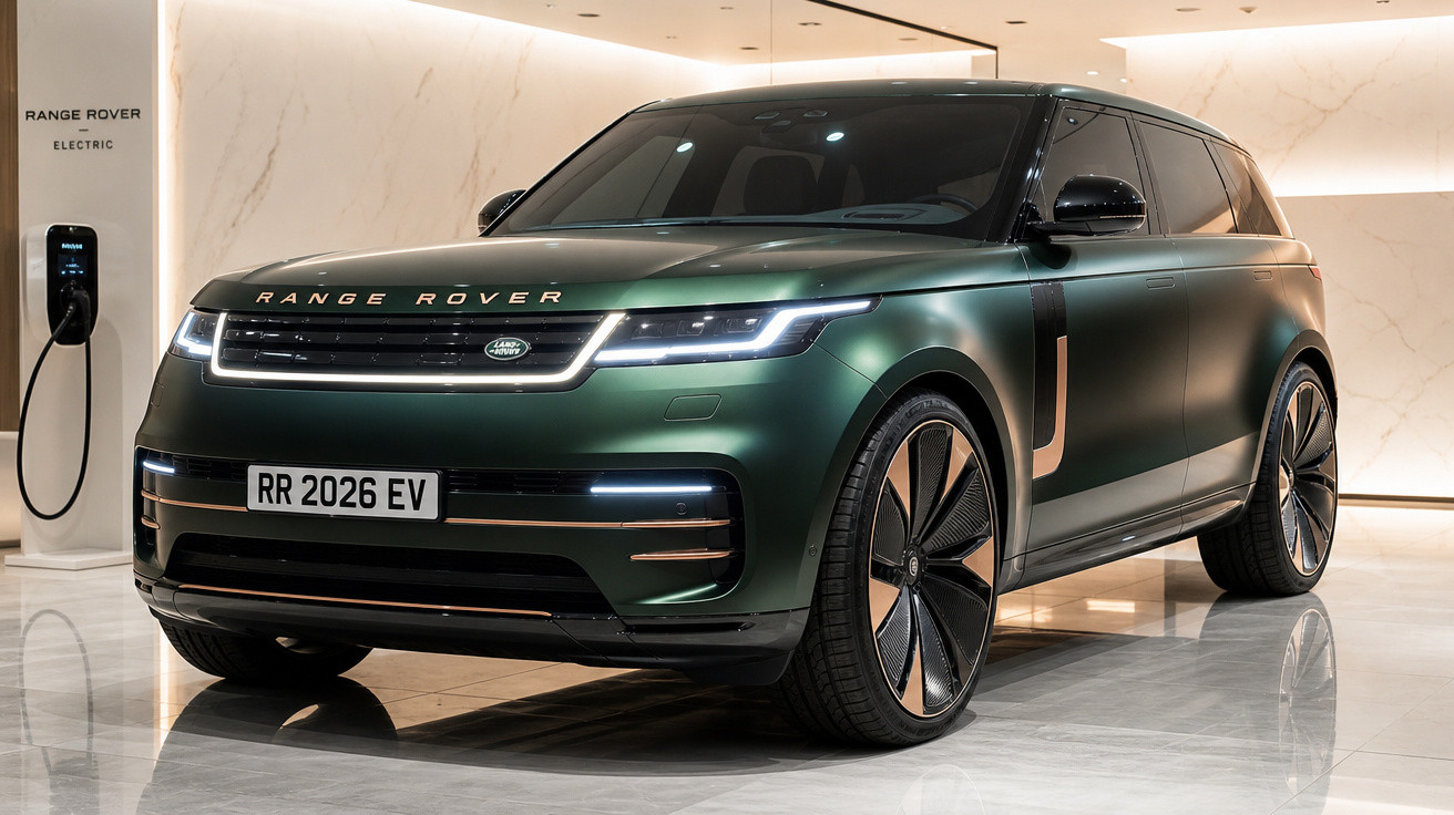 SUV Range Rover elétrico verde escuro em exposição com carregador na parede.