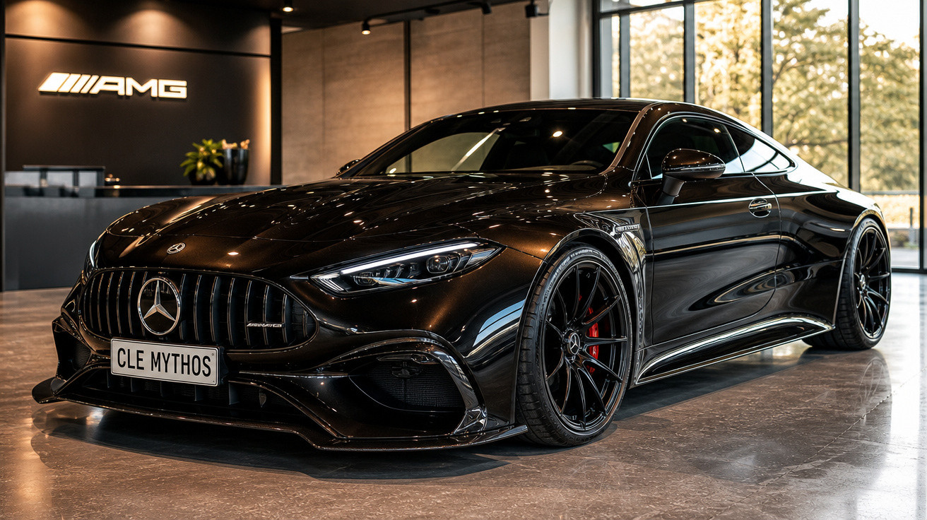 Carro desportivo Mercedes-Benz AMG preto num showroom com paredes de vidro e luz natural.
