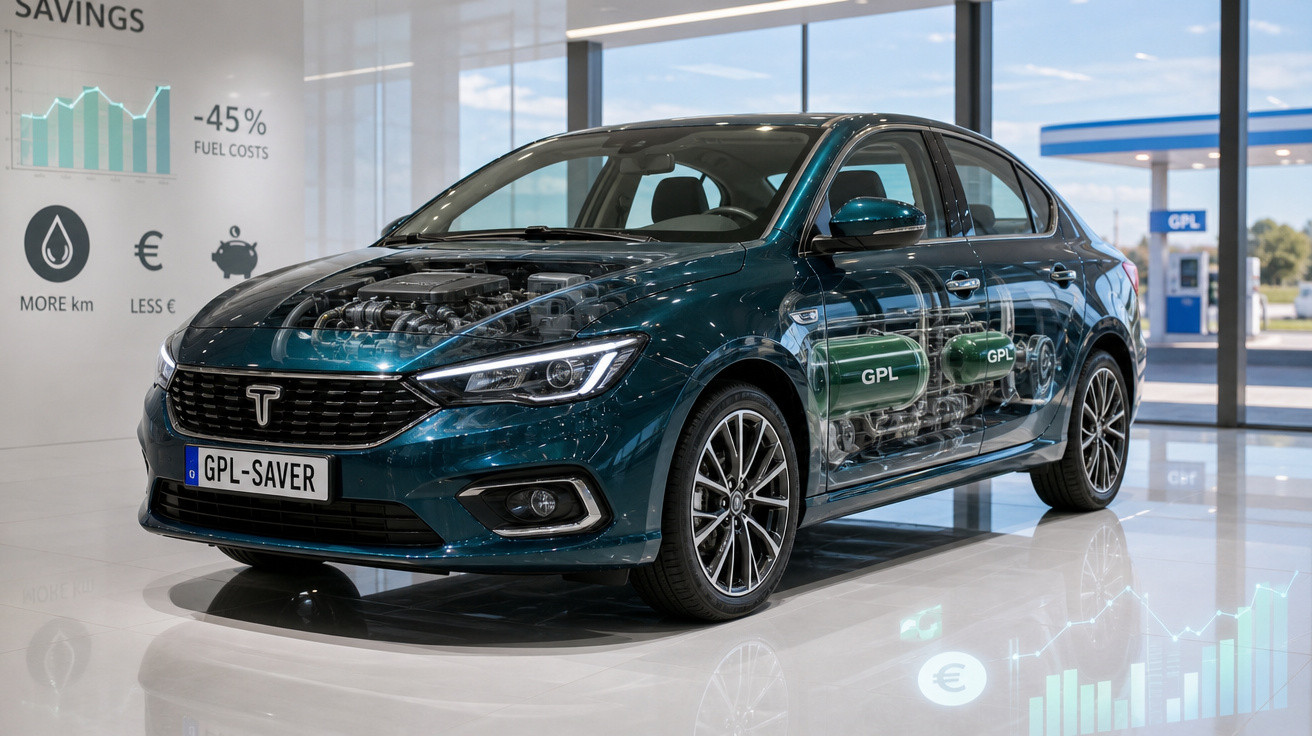 Carro azul com visualização do motor e tanques GPL expostos numa exposição moderna e iluminada.