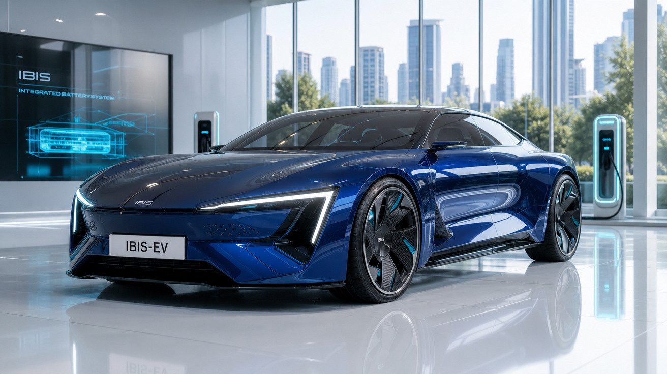 Carro elétrico desportivo azul IBIS-EV em showroom moderno com janelas grandes e postos de carregamento.