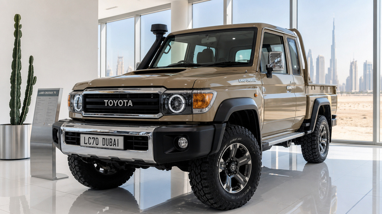 Pick-up Toyota Land Cruiser 70 bege exposta em showroom com grandes janelas e vista para cidade.