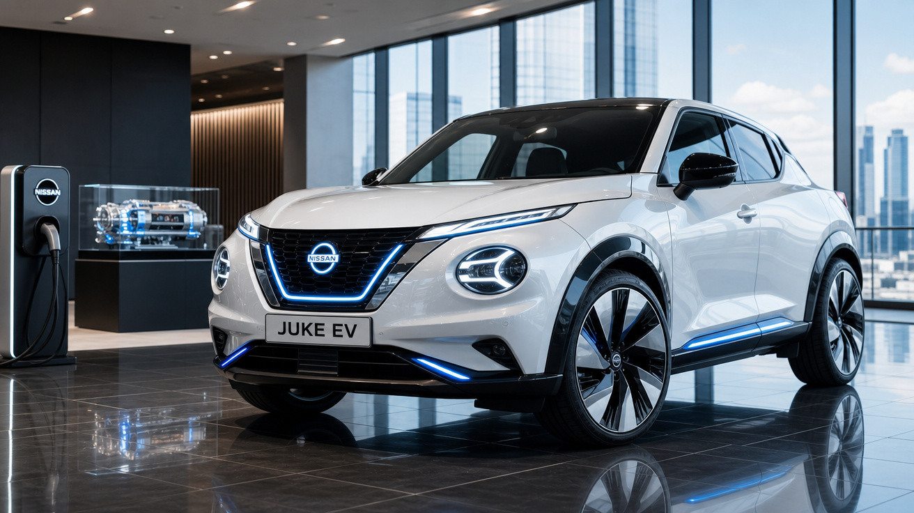 Carro elétrico Nissan Juke EV branco estacionado em showroom moderno com chão de azulejos reflexivos.