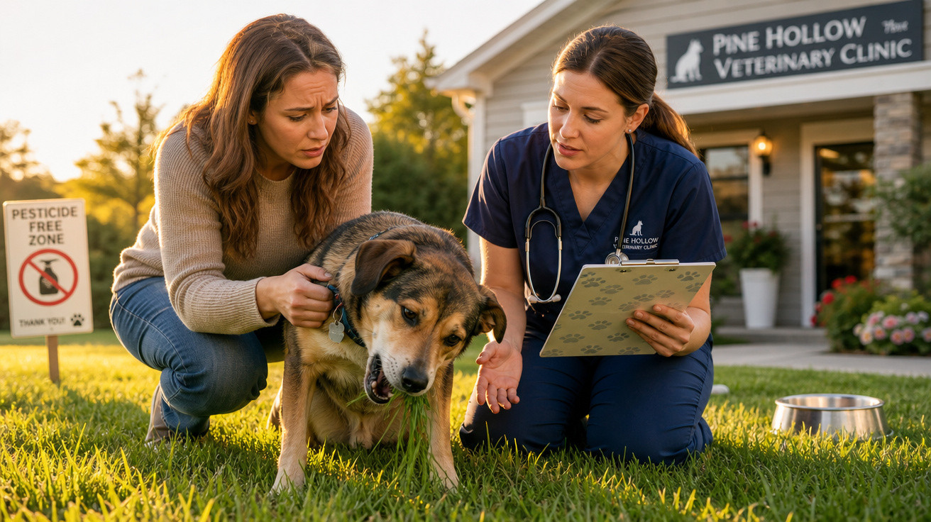 Veterinária e dona cuidam de cão com sintomas na relva em frente à clínica veterinária Pine Hollow.