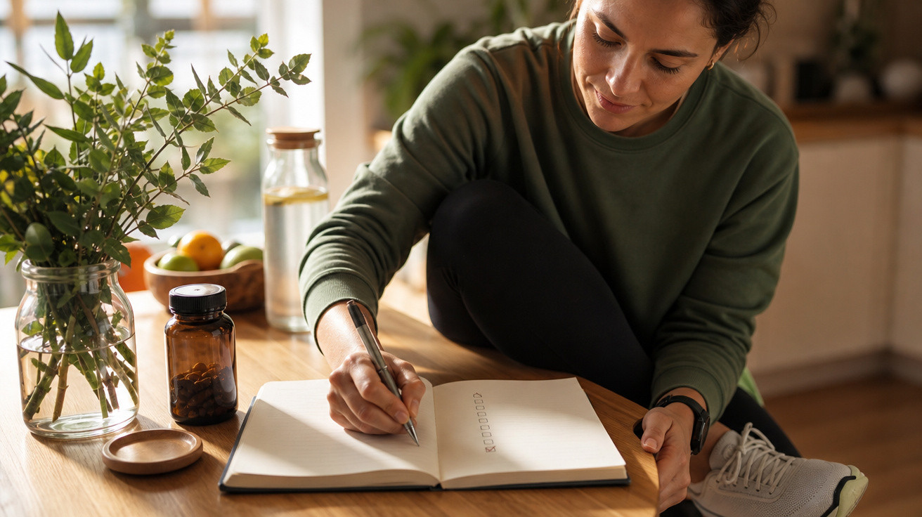 Mulher sentada à mesa a escrever num caderno, rodeada por jarros com plantas e fruteira.