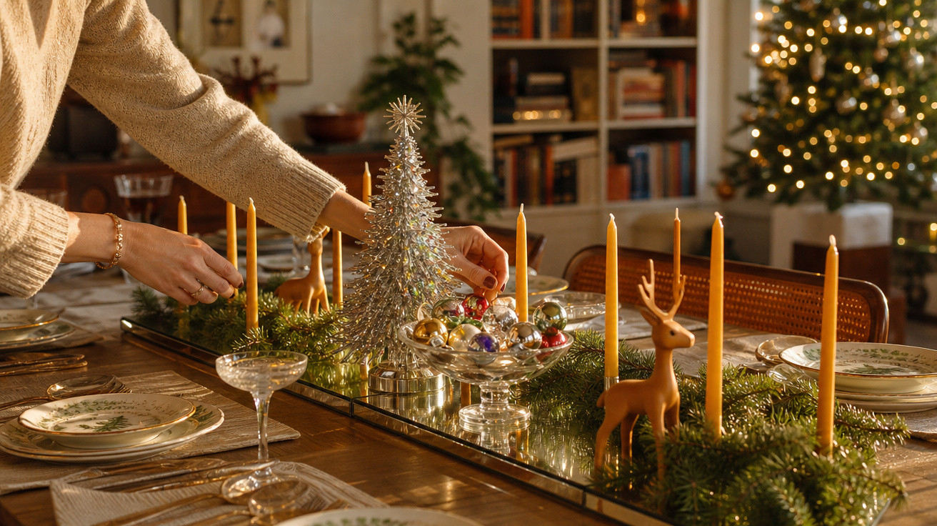 Mesa de Natal decorada com velas, enfeites brilhantes, árvore prateada e centro de mesa com bolas coloridas.