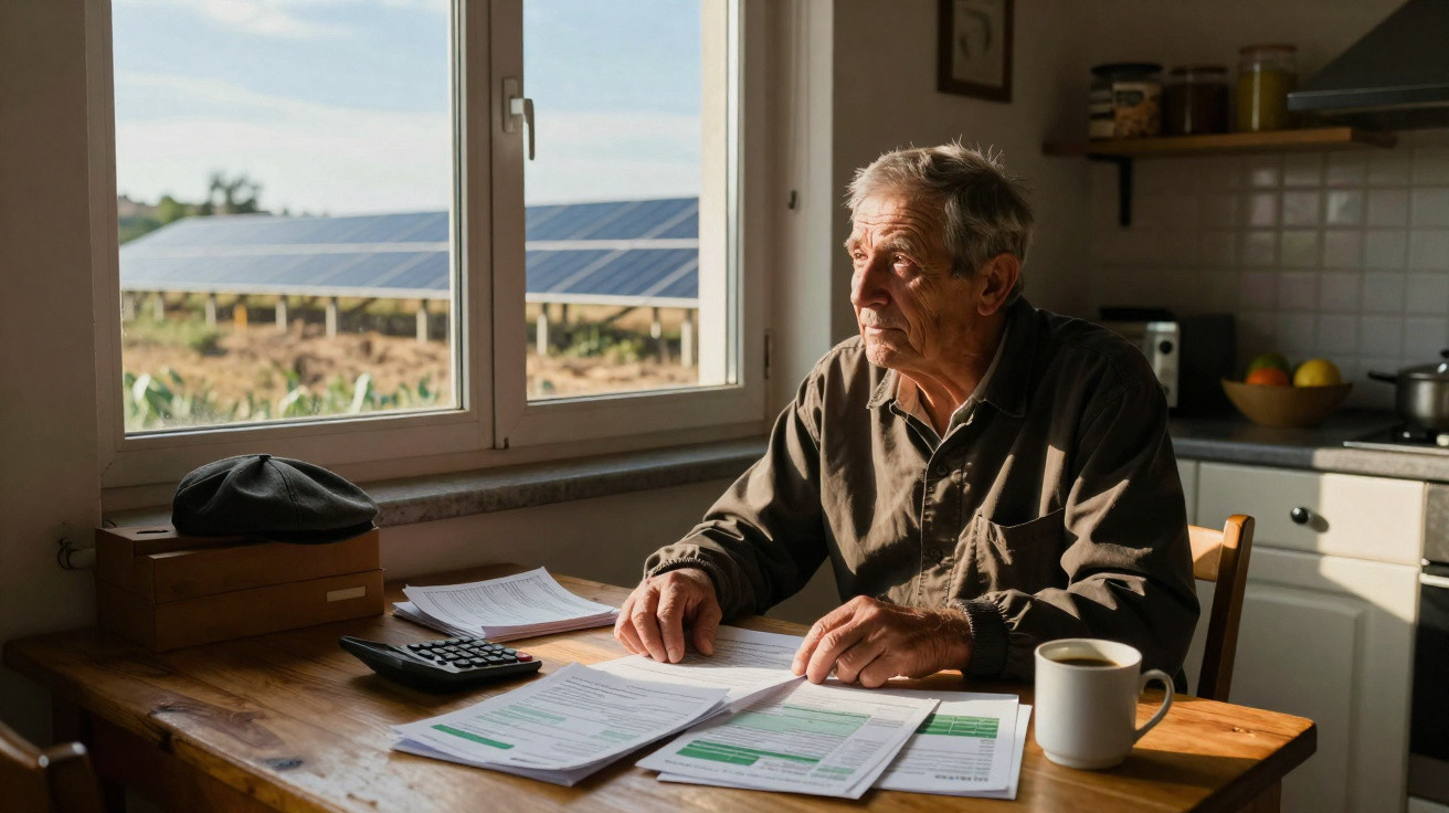 Idoso sentado à mesa com documentos, calculadora e caneca, olhando pela janela para painéis solares.