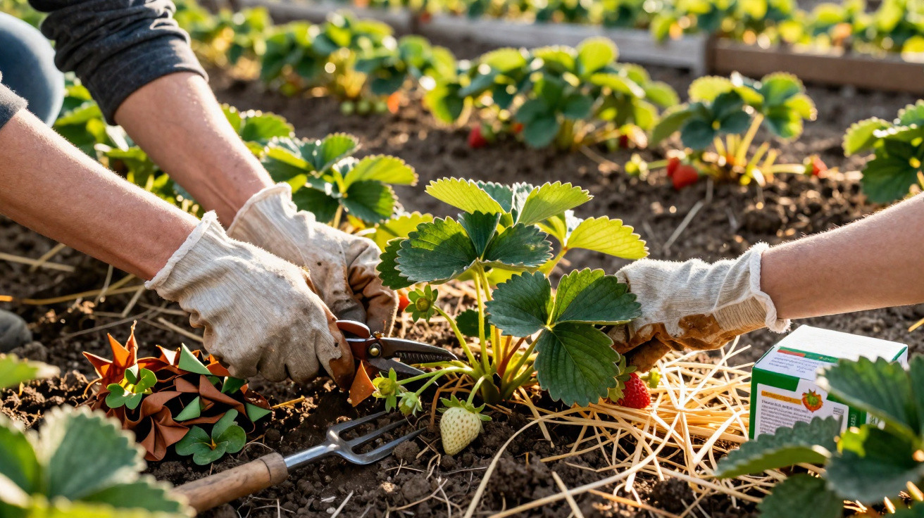 Mãos com luvas a tratar plantas de morango num cultivo com terra e cobertura de palha.