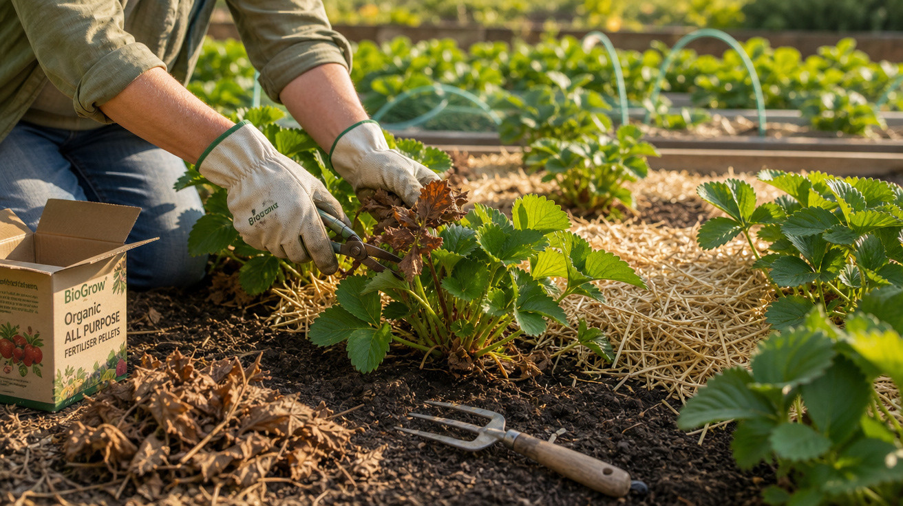 Pessoa a cuidar de plantas de morango num jardim com luvas e ferramentas de jardinagem.