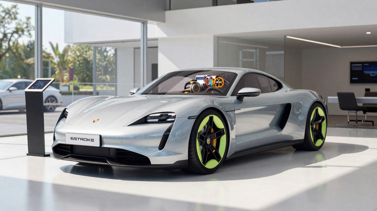 Carro desportivo elegante prateado com detalhes amarelos, exposição moderna em espaço interior iluminado.