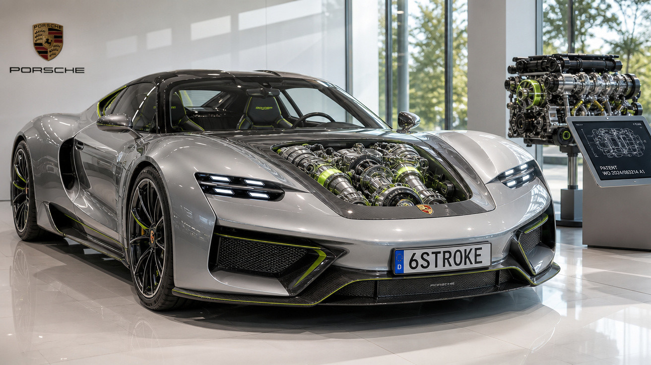 Carro desportivo Porsche prateado com motor complexo exposto no capot, em exposição interior moderna.
