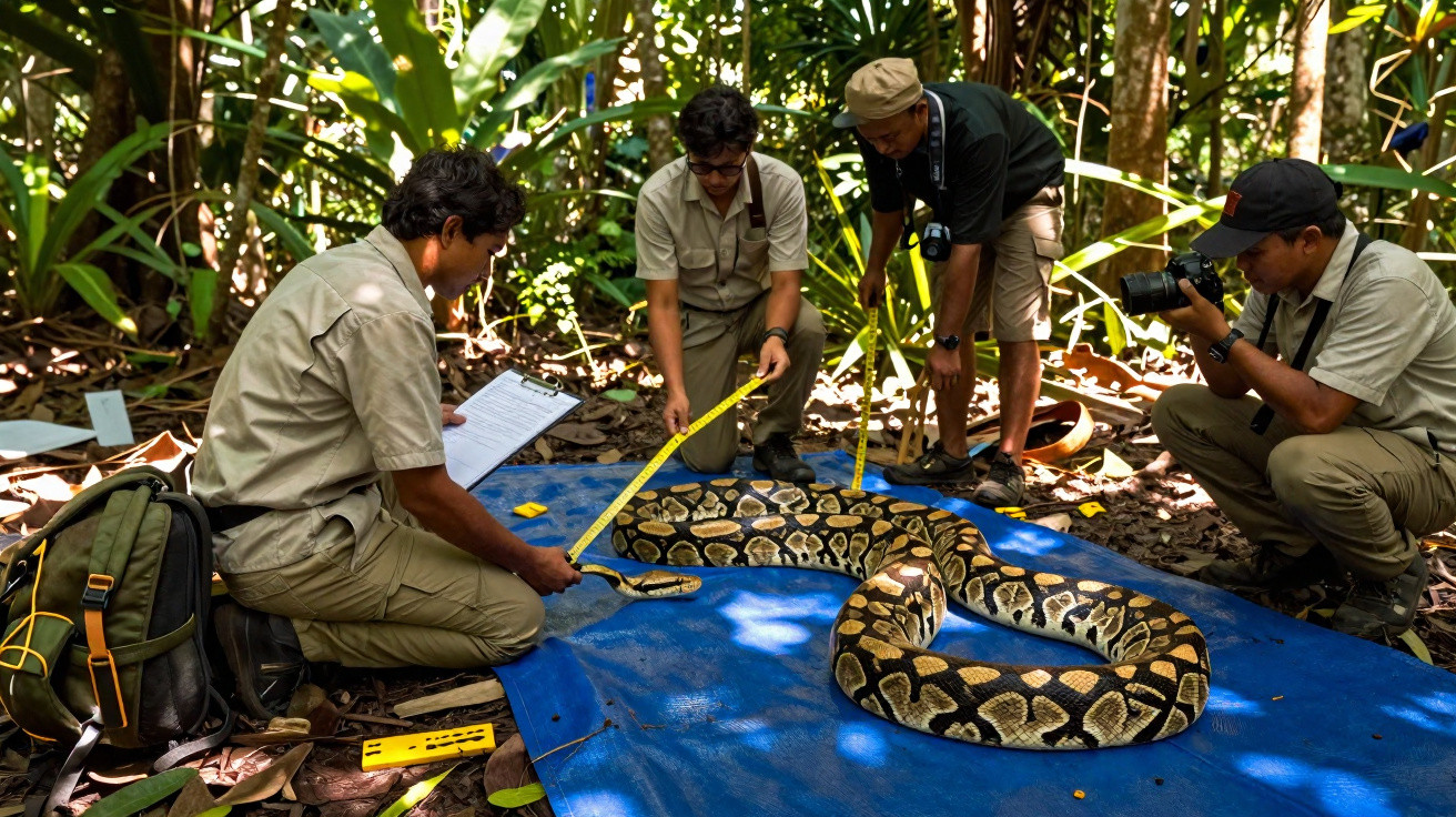 Quatro pessoas medem e fotografam uma cobra píton numa manta azul numa floresta.