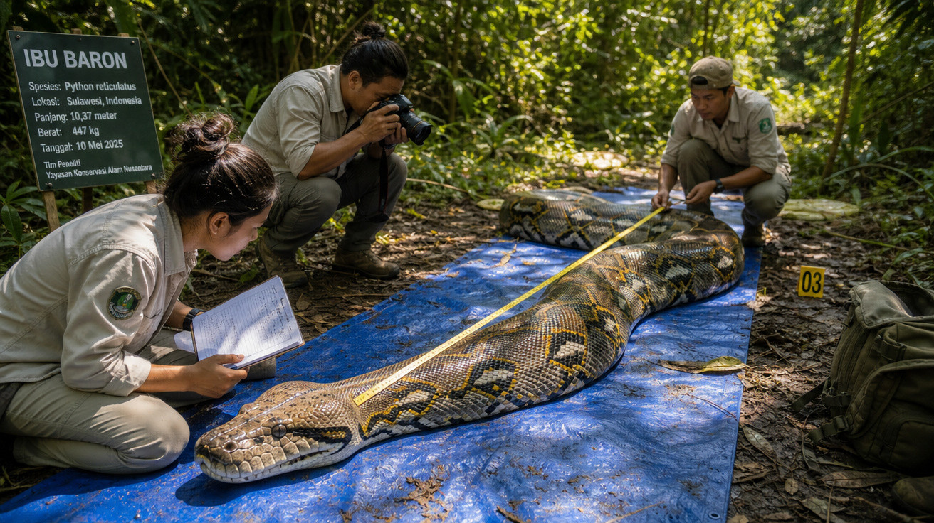 Investigadores medem e documentam uma píton reticulada enorme numa floresta em Sulawesi, Indonésia.