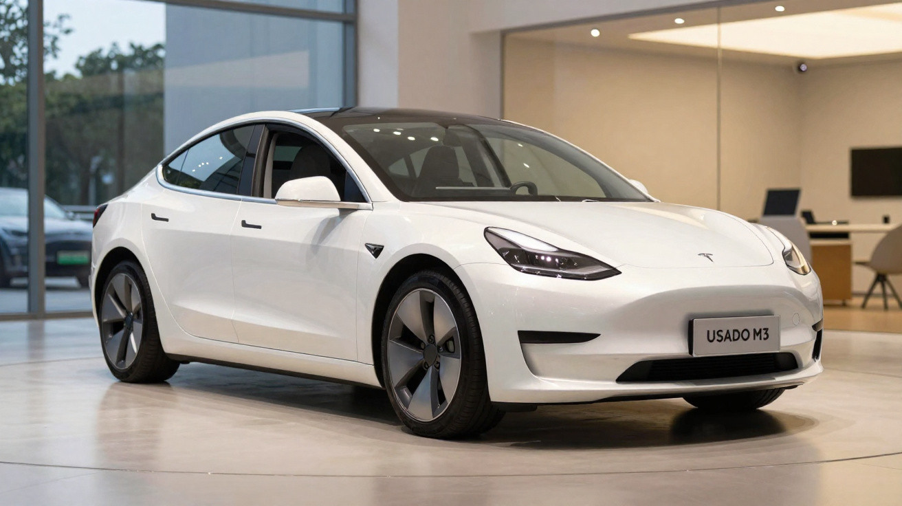 Carro elétrico Tesla Model 3 branco, estacionado em showroom moderno e luminoso com grandes janelas.