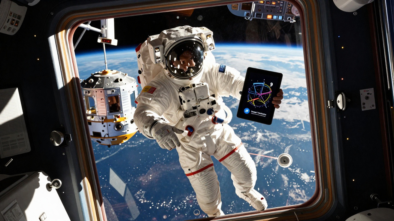 Astronauta em fato espacial flutua no espaço junto a uma janela com vista da Terra e uma nave espacial.