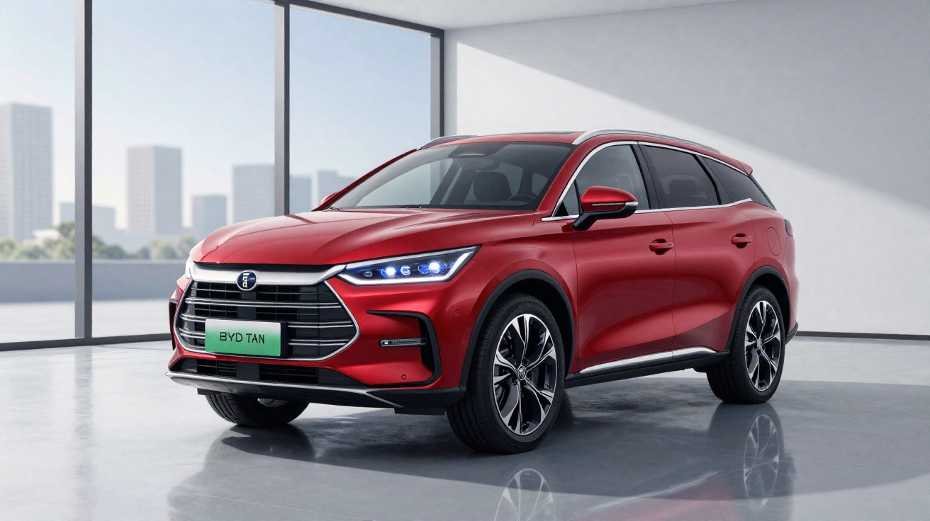 Carro SUV vermelho BYD TAN estacionado em espaço interior moderno com janelas grandes e cidade ao fundo.