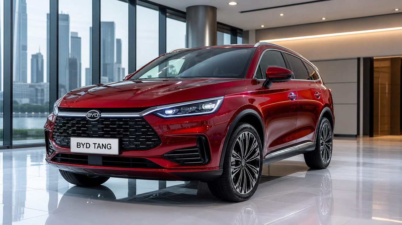 SUV vermelho BYD Tang estacionado num espaço interior moderno com janelas grandes e vista para cidade.