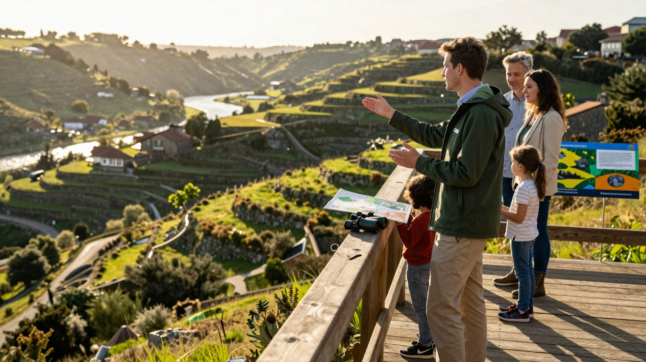 Família observando o vale com vinhas em socalcos junto a um rio ao pôr do sol numa plataforma de madeira.