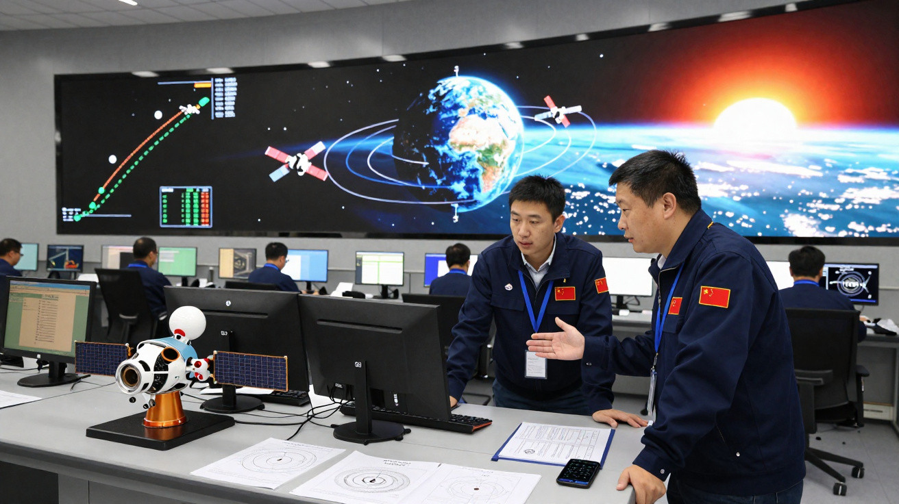 Sala de controlo espacial com técnicos chineses a monitorizar satélites e computador com mapa da Terra em ecrã gigante.