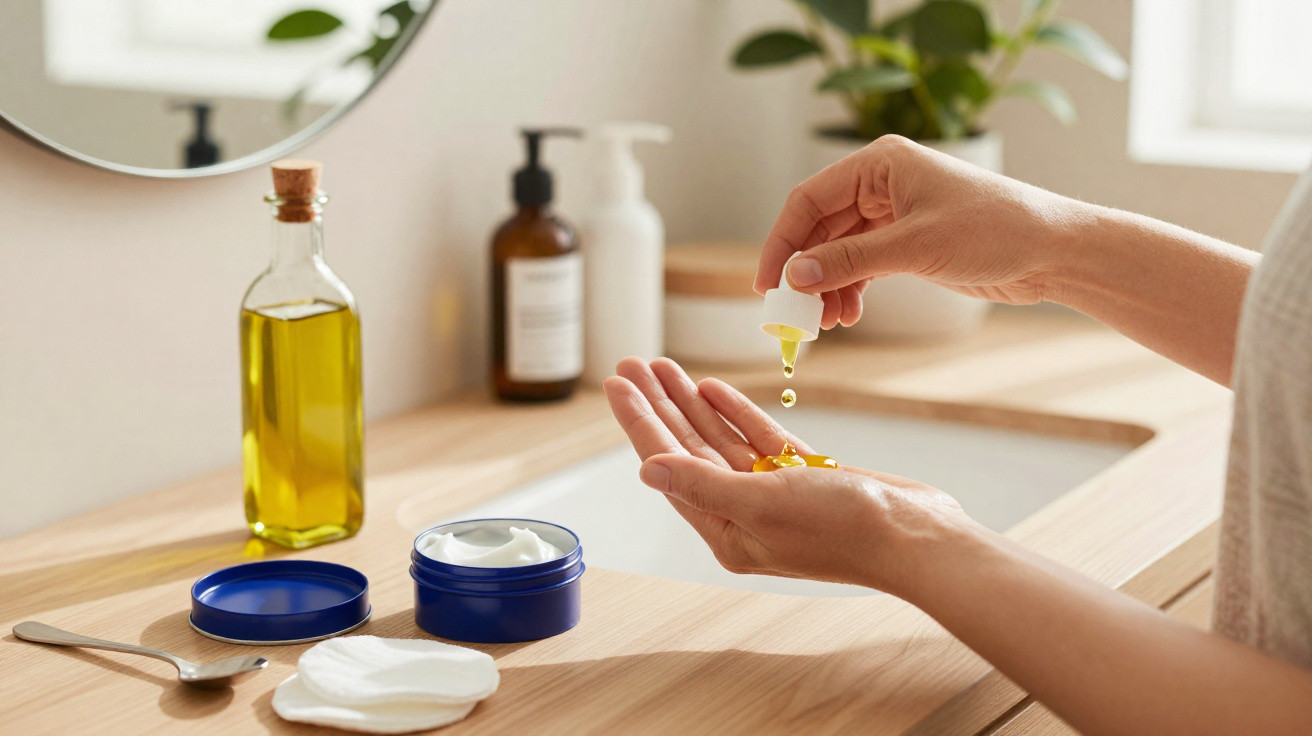 Pessoa a aplicar óleo facial com conta-gotas nas mãos, ao lado de creme e algodão numa bancada de madeira.