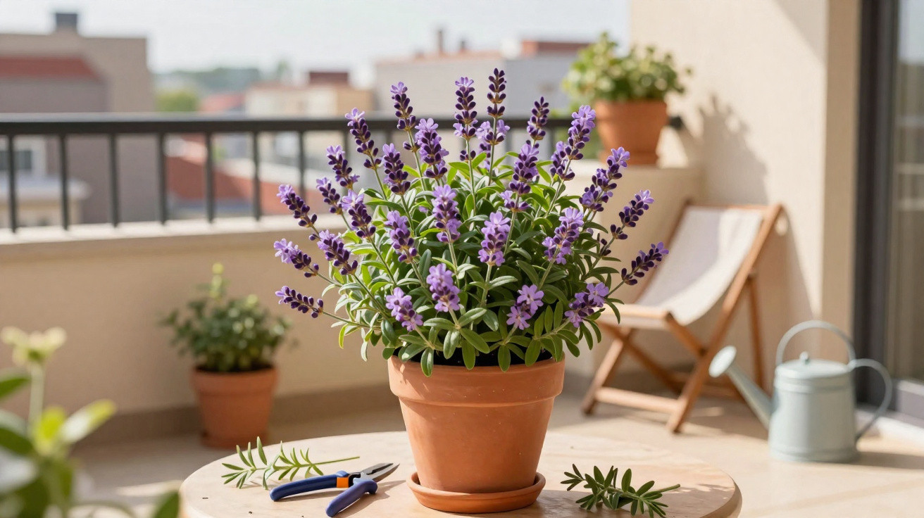 Vaso de flores de lavanda sobre mesa redonda numa varanda com cadeira e regador ao fundo.