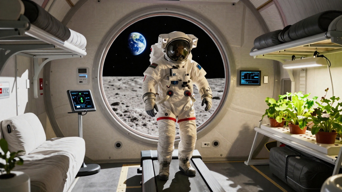Astronauta em fatos espaciais dentro de estação lunar com janela a mostrar a Terra e a superfície lunar.