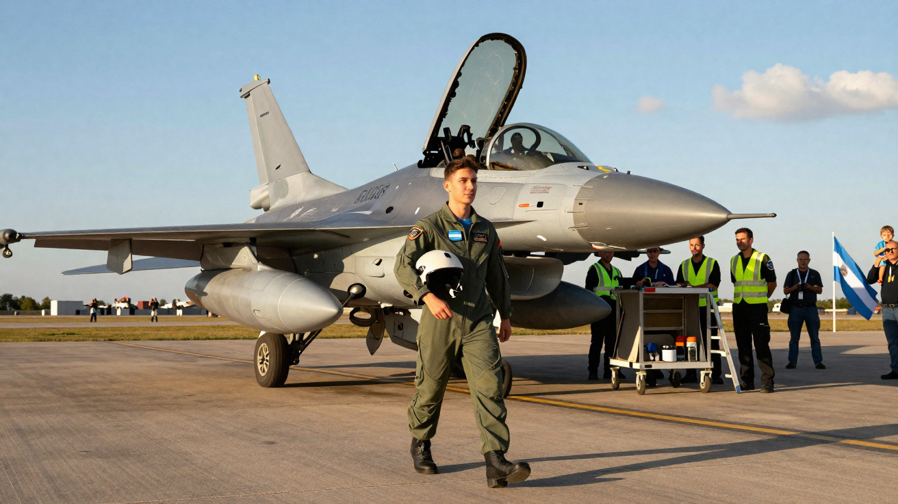Militar de avião de caça cinzento estacionado num aeródromo com pessoas ao fundo.