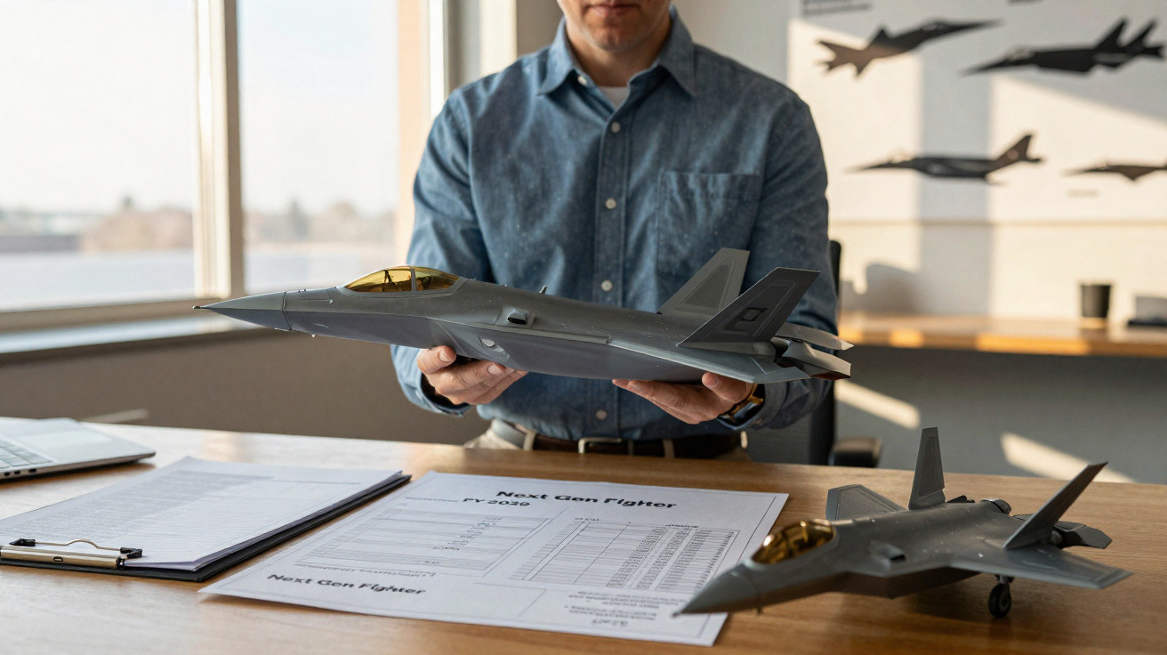 Homem a segurar modelo de avião de caça numa mesa com documentos técnicos e outro modelo.