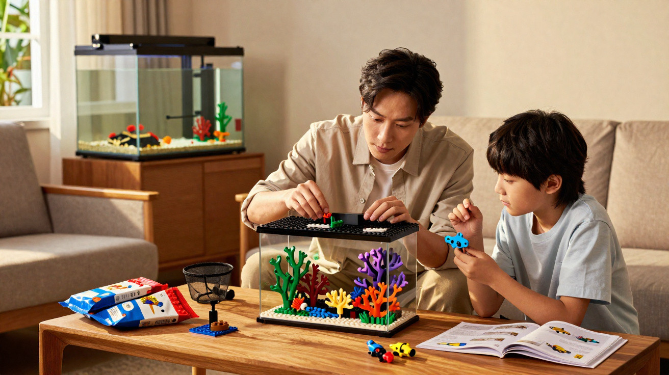 Homem e menino montam aquário de LEGO colorido numa sala com sofá e aquário real.