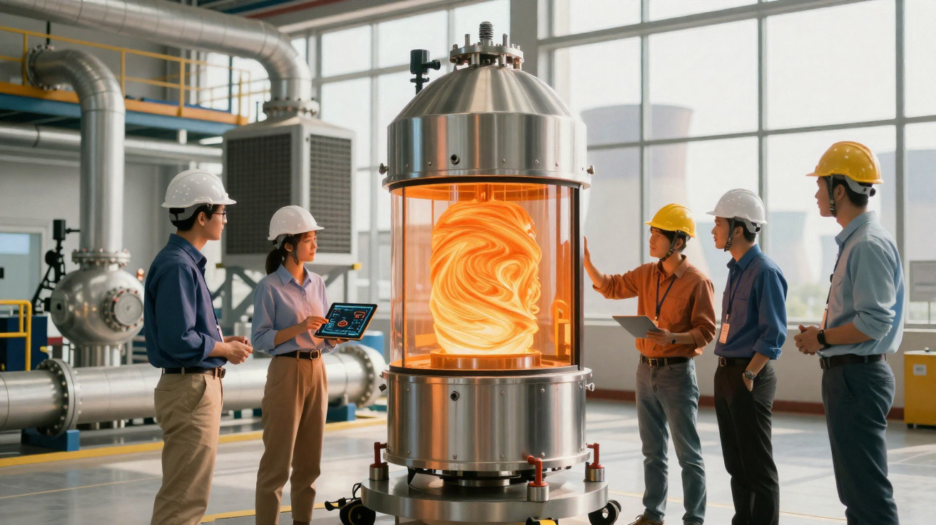Engenheiros com capacetes de segurança observam equipamento industrial metálico com fluido brilhante laranja no interior.