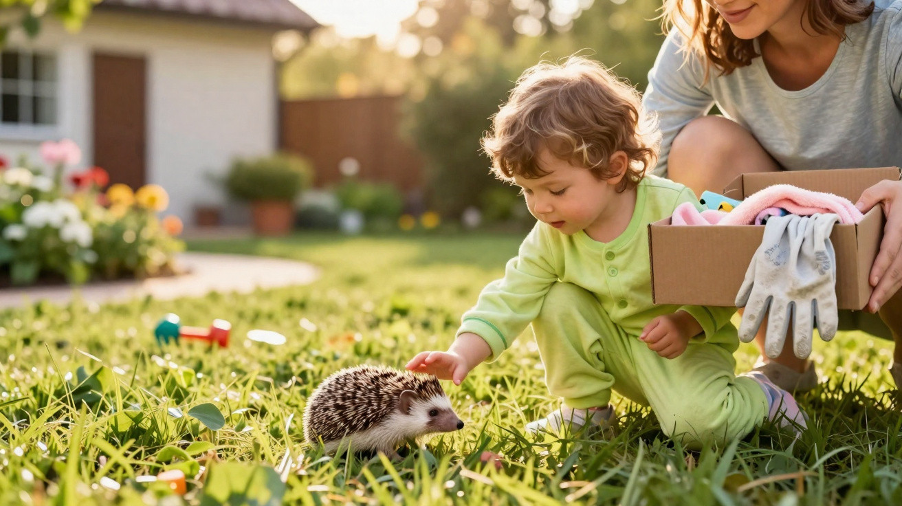 Criança toca num ouriço no jardim enquanto adulto segura caixa com luvas e roupas.