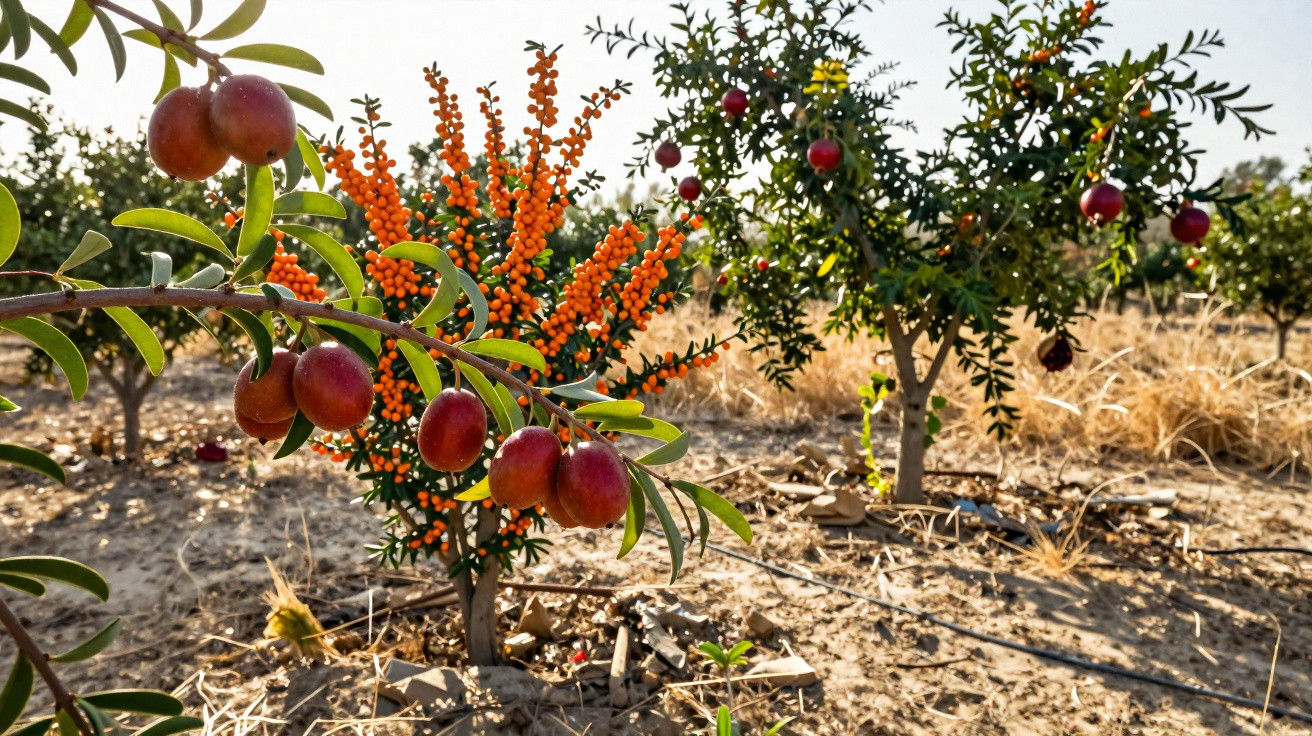 Ramo com frutos vermelhos e arbusto com frutos laranja num pomar seco e soalheiro.