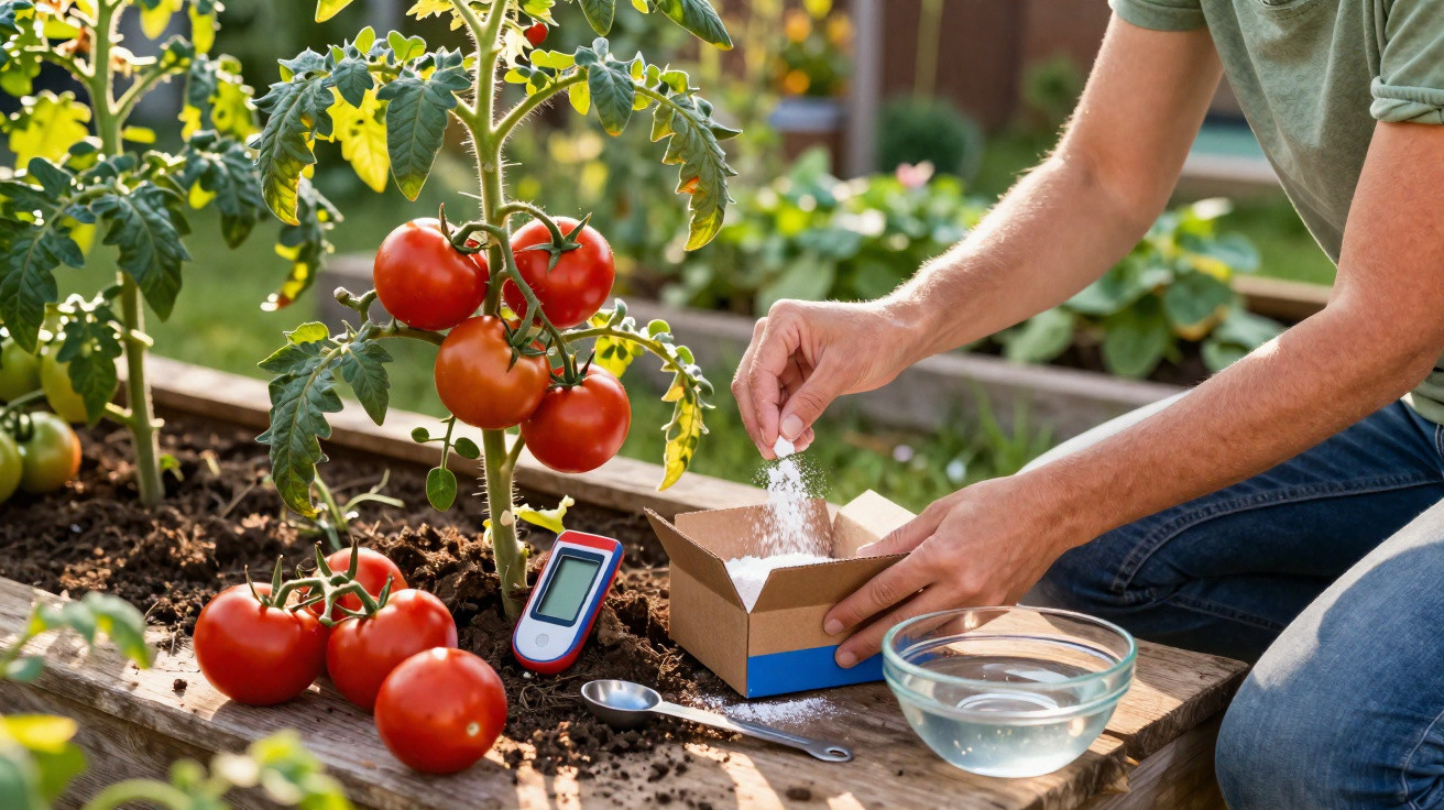 Pessoa a adubar planta de tomateiros num jardim, com tomates vermelhos maduros e utensílios ao lado.