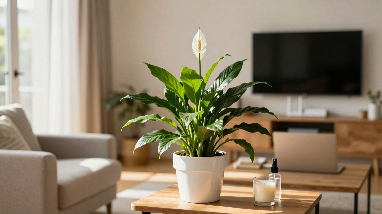 Planta verde com flor branca num vaso branco sobre mesa de madeira numa sala de estar iluminada.