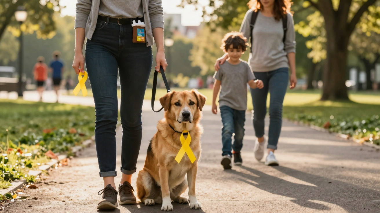 Pessoa a passear cão com fita amarela, menino e mulher caminhando num parque ao fundo.