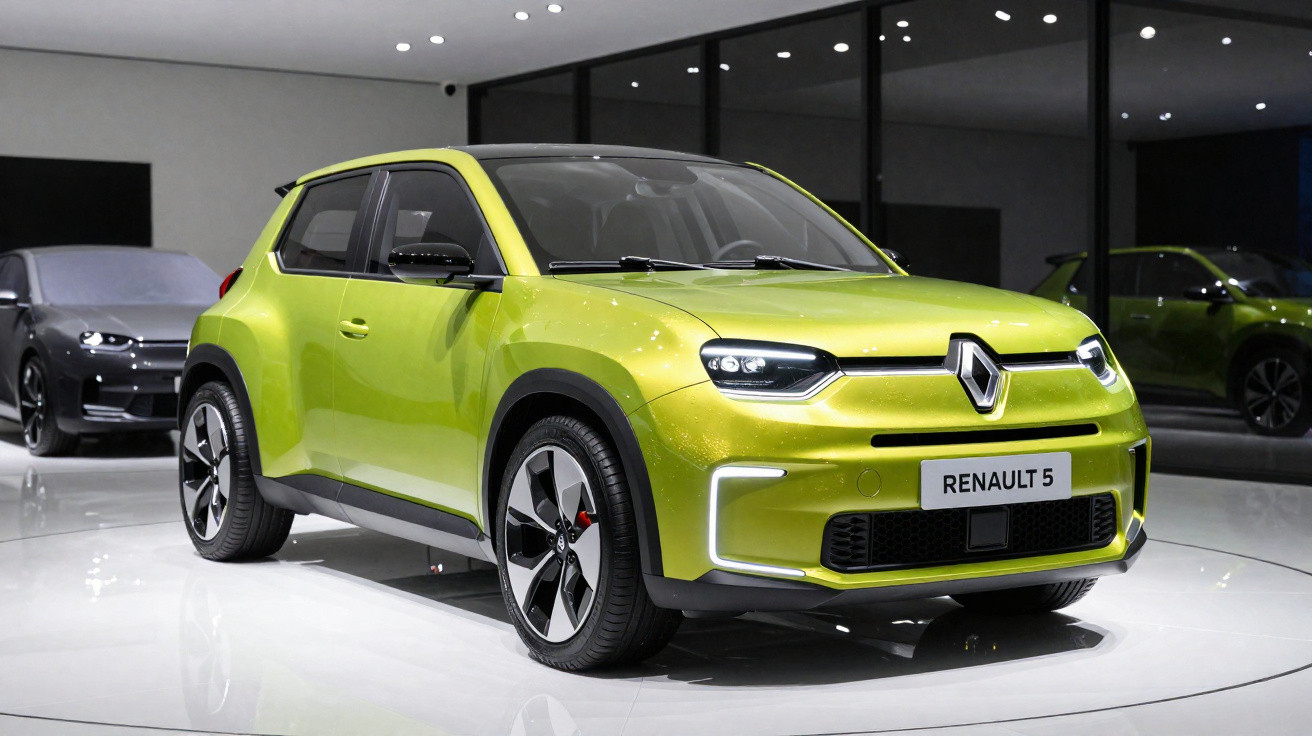 Carro elétrico Renault 5 verde exposto em salão automóvel moderno com reflexos no chão branco.
