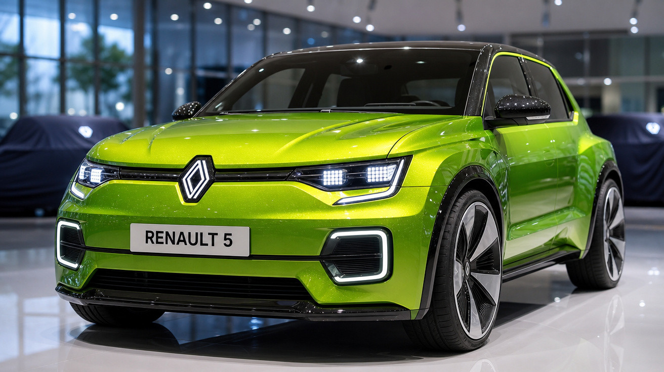 Carro elétrico Renault 5 verde lima em exposição, com design moderno e faróis LED acesos.