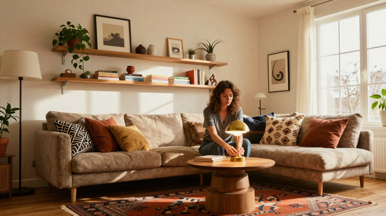 Mulher sentada num sofá cinza numa sala iluminada com almofadas, mesa de madeira e prateleiras decorativas.