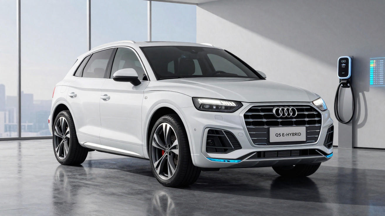 SUV branco Audi Q5 E-Hybrid estacionado junto a um carregador elétrico numa garagem moderna.
