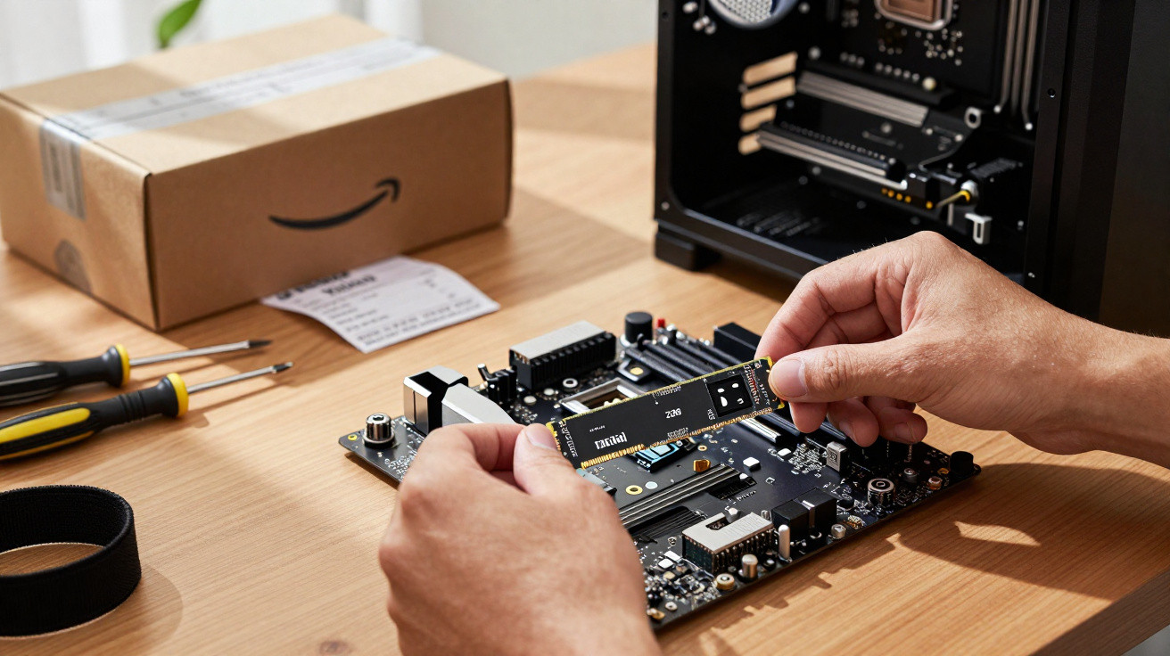 Pessoa a instalar uma memória RAM numa motherboard com ferramentas e caixa de computador na mesa.