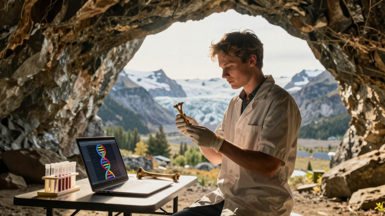 Homem de bata branca examina ossos dentro de uma caverna com paisagem montanhosa ao fundo e laptop aberto.