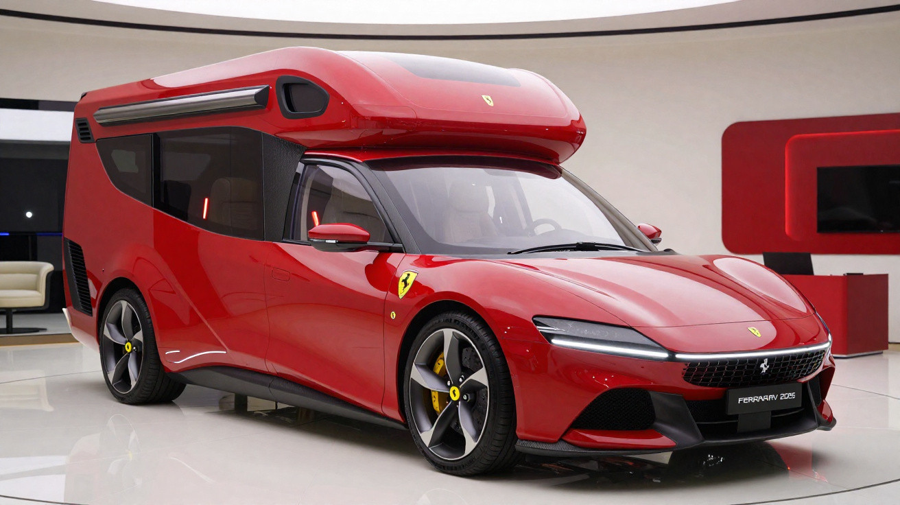 Caravana desportiva Ferrari vermelha com design moderno e aerodinâmico exposta em salão interior.