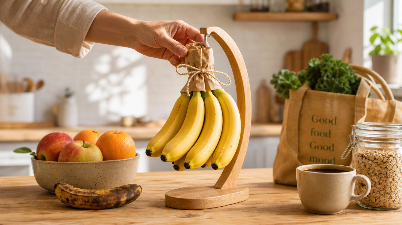Pessoa a pendurar cacho de bananas num suporte de madeira numa cozinha com frutas e café na mesa.