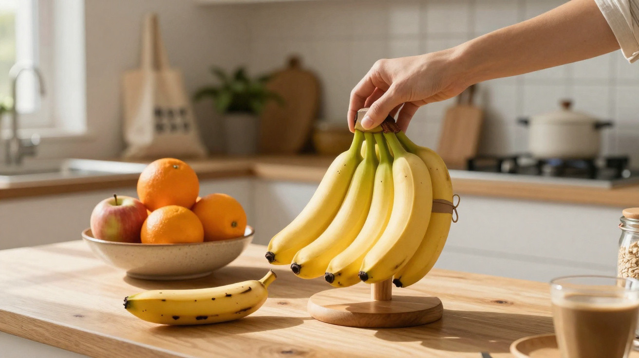Mão a pegar um cacho de bananas num suporte de madeira numa cozinha com frutas num prato ao fundo.