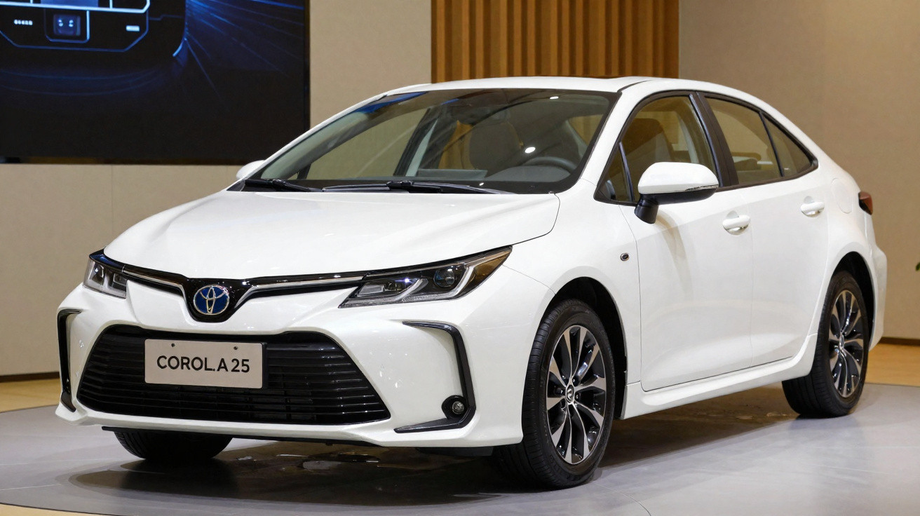 Carro Toyota Corolla 2025 branco, sedan, exposto em interior com piso branco e parede bege.