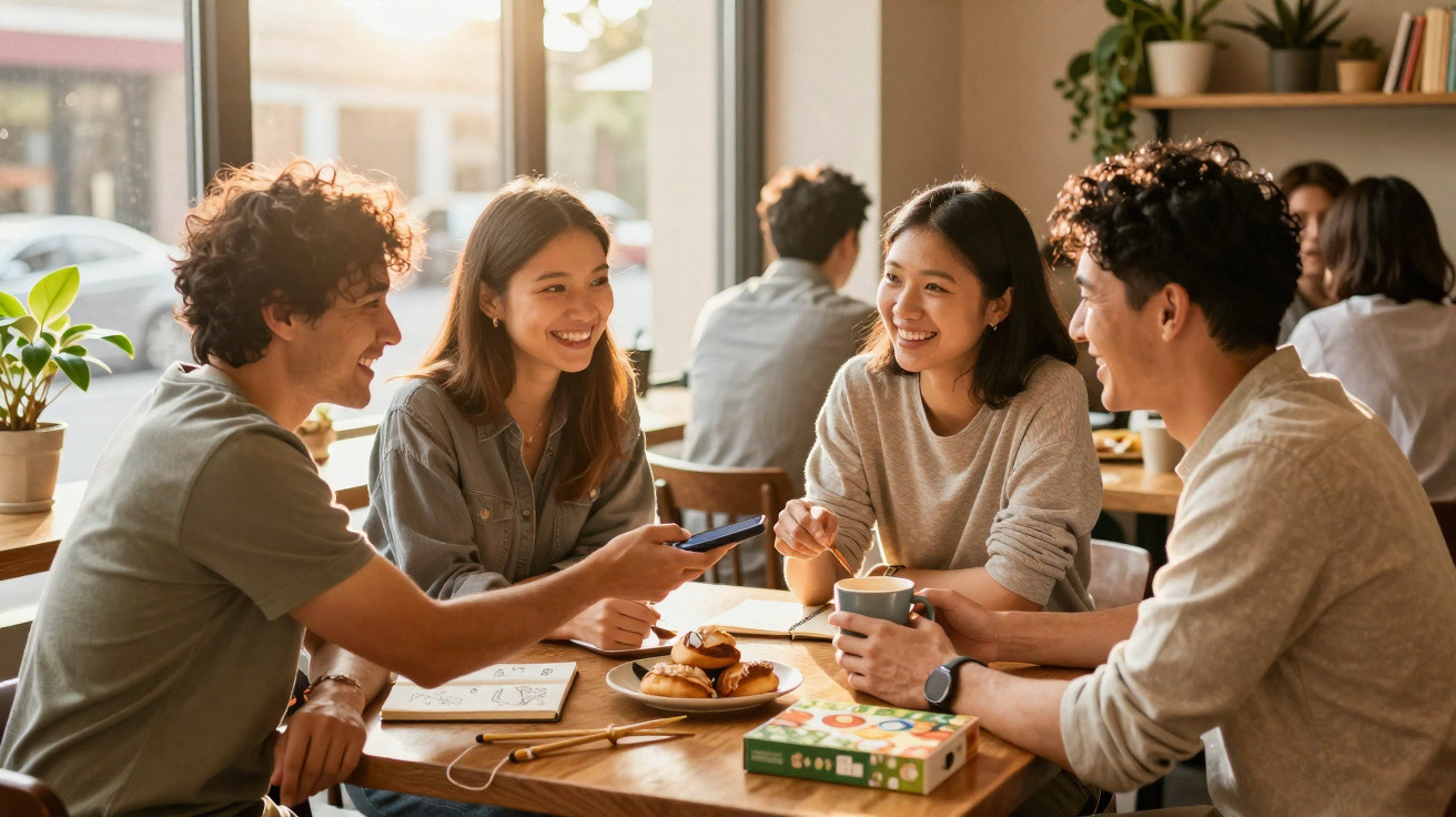 Quatro jovens sentados numa mesa de café, a conversar e sorrir, com croissants e bebidas na mesa.