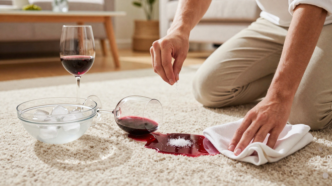 Pessoa a limpar vinho tinto derramado num tapete com um pano branco e sal ao lado.