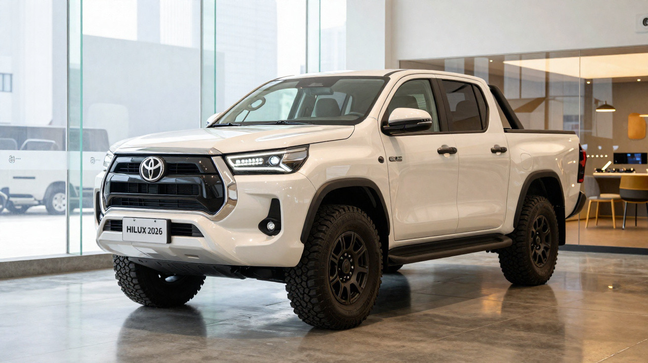 Picape Toyota Hilux 2026 branca em exposição numa sala moderna, vista frontal lateral direita.