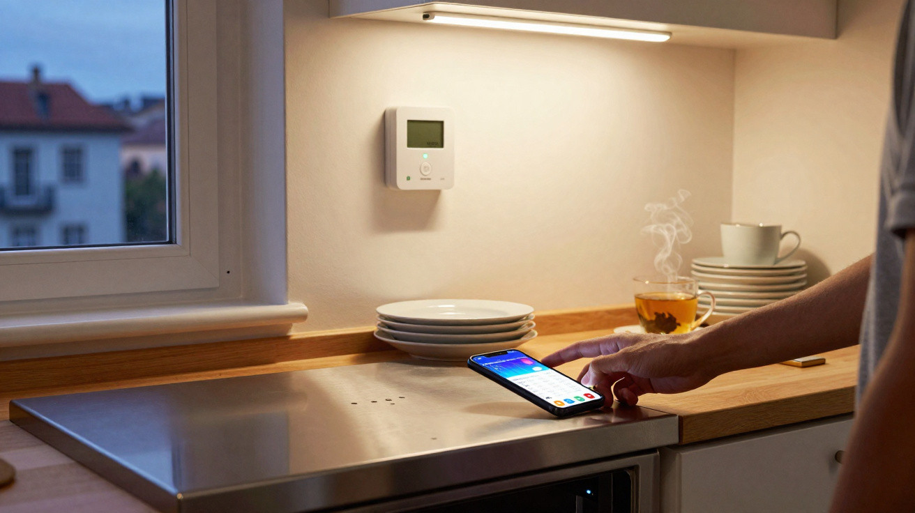 Pessoa a controlar termóstato doméstico inteligente com smartphone numa cozinha iluminada.