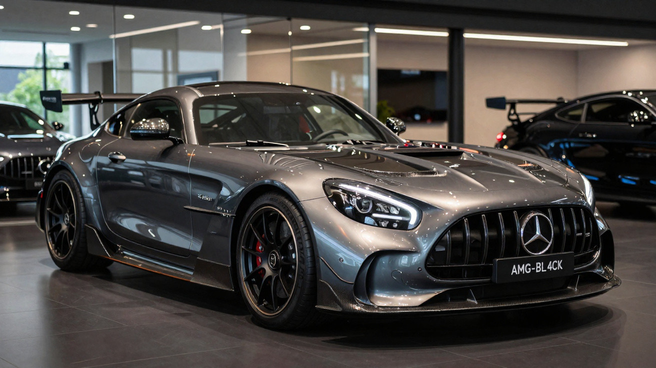 Carro desportivo Mercedes AMG cinza metálico estacionado em salão moderno com vidro e iluminação LED.